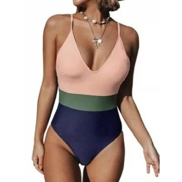 Colorblock One-Piece Swimsuit V-Neck Strappy Design - Picture 1 of 9